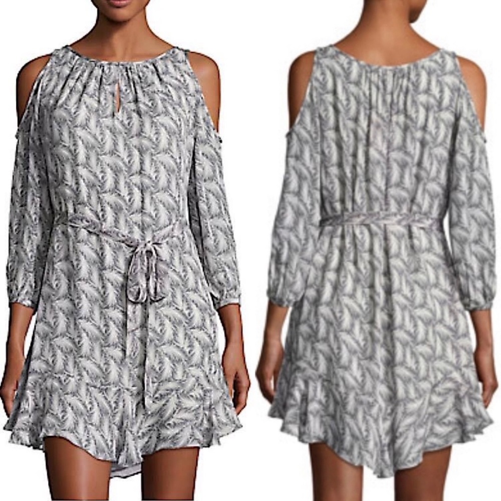 Joie Isaline Feather Cold Shoulder Mini Dress Gray White Print Silk Tie Belt XXS - Picture 3 of 16